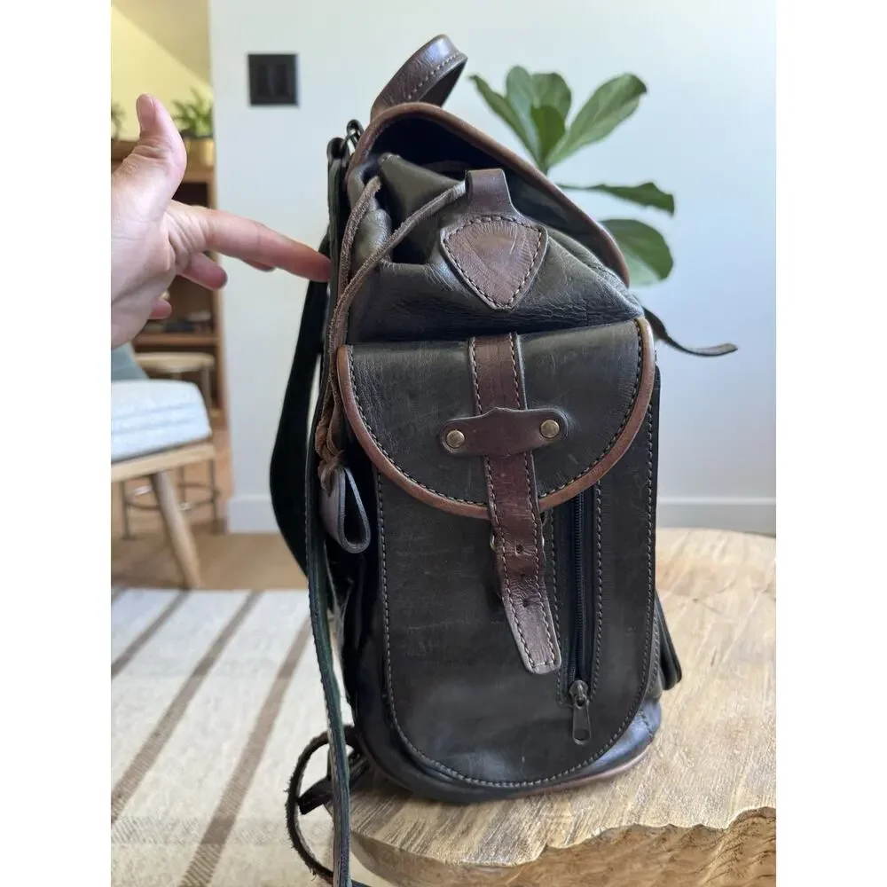 Vintage Leather Handmade Backpack Cinch Top Brown Green Gray